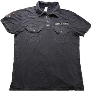 VTG Affliction Polo Men L Black American Customs Motor Club Patches Short Sleeve